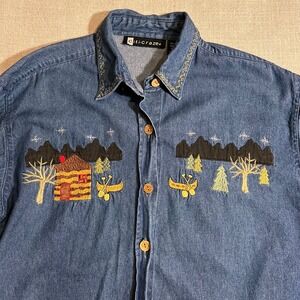 Citi‎ Craze Denim Shirt Women Embroidered Log Cabin Trees Long Sleeve Button Up